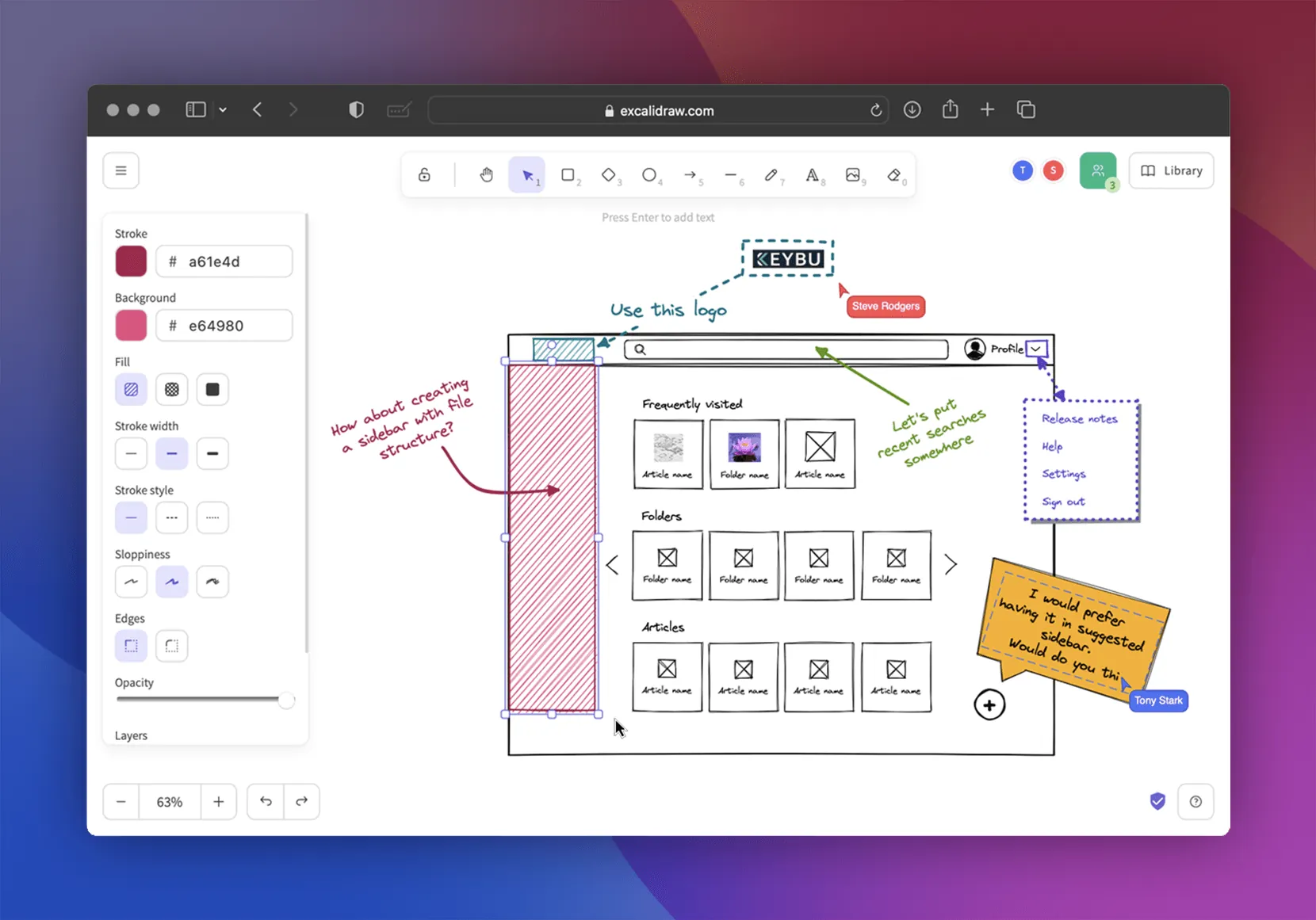 Excalidraw whiteboard interface showing a hand-drawn wireframe diagram with annotations and sticky notes