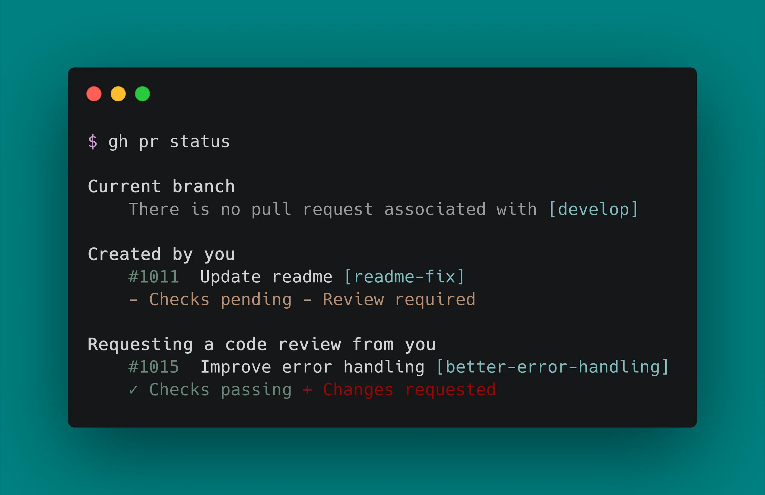 GitHub CLI terminal output showing gh pr status with current branch, created pull requests, and review requests