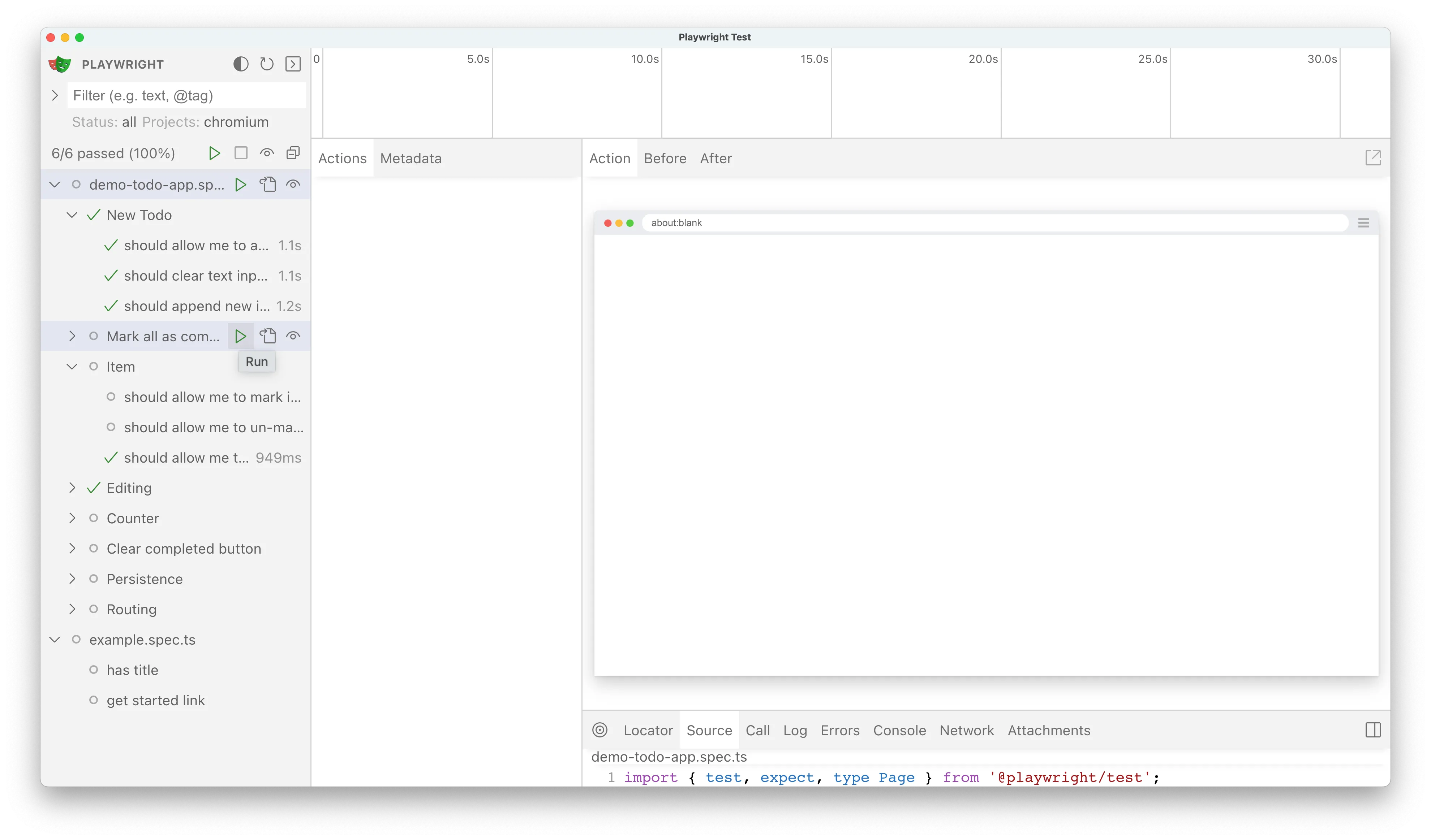 Playwright UI Mode showing test runner with DOM snapshots, timeline, and action logs for debugging browser tests